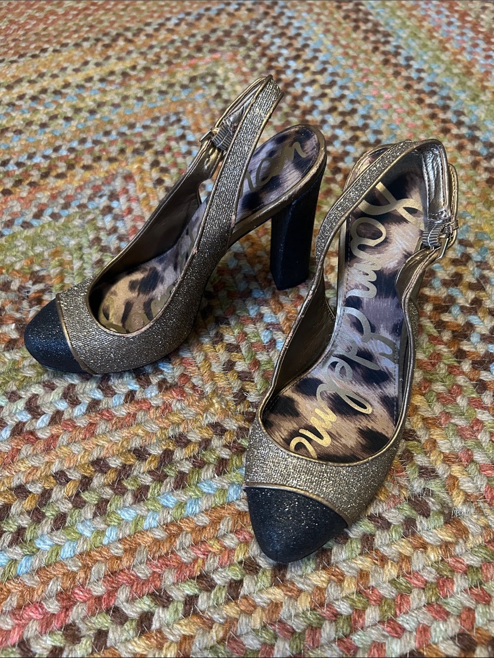 Sam Edelman Gold and Black Glitter Slingback Pumps
